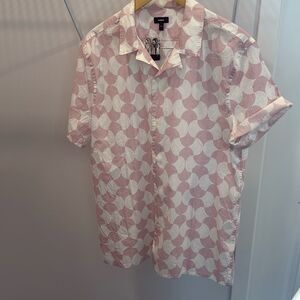 Express Men’s Pink & White Geometric Short Sleeve Button Down Camp Collar Shirt